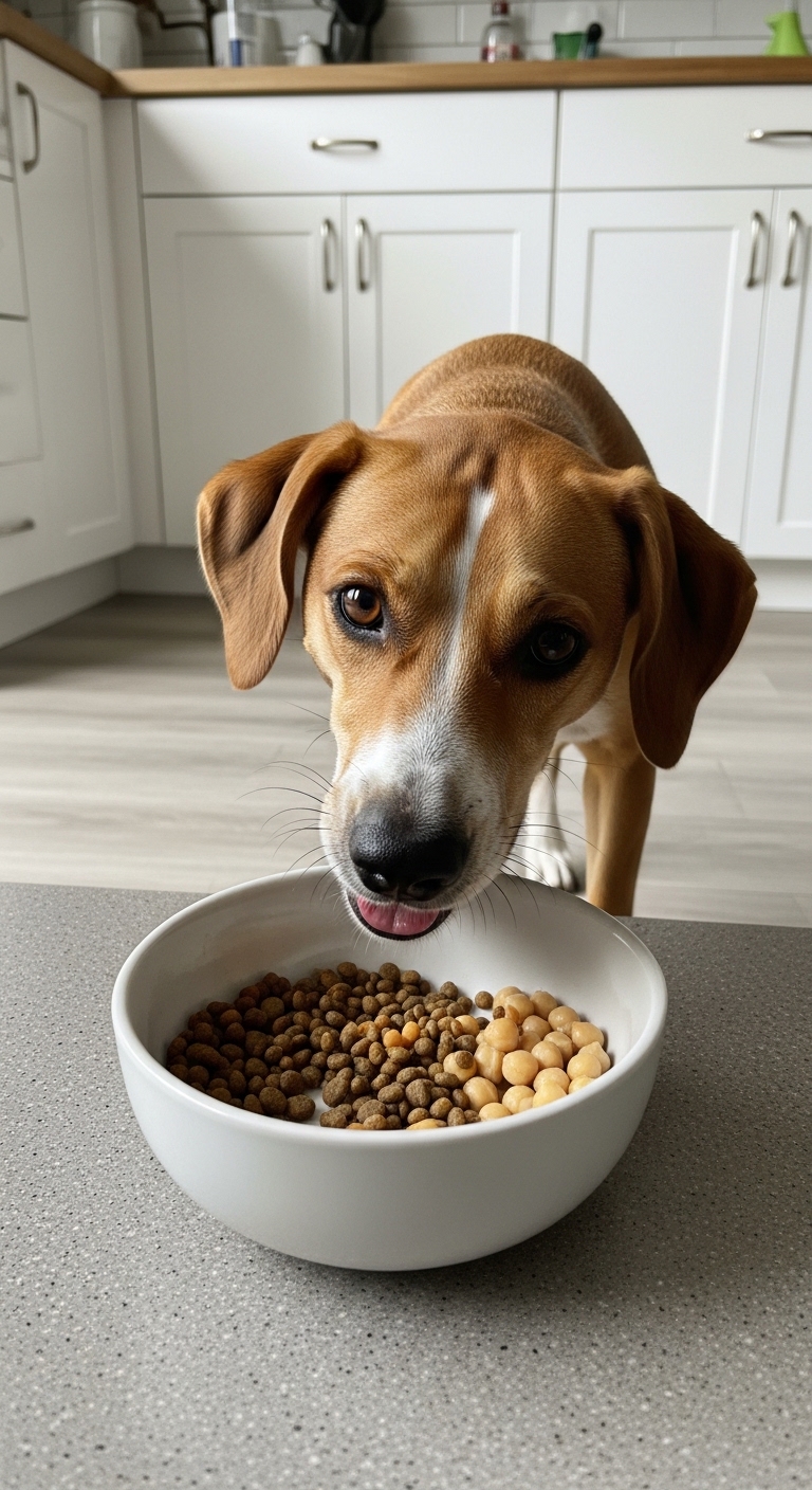 A dog eating lentils from a bowl.