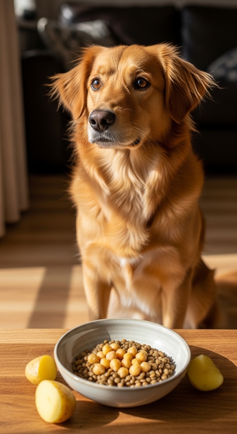 A dog is sitting on a table with a bowl of lentils in front of it.