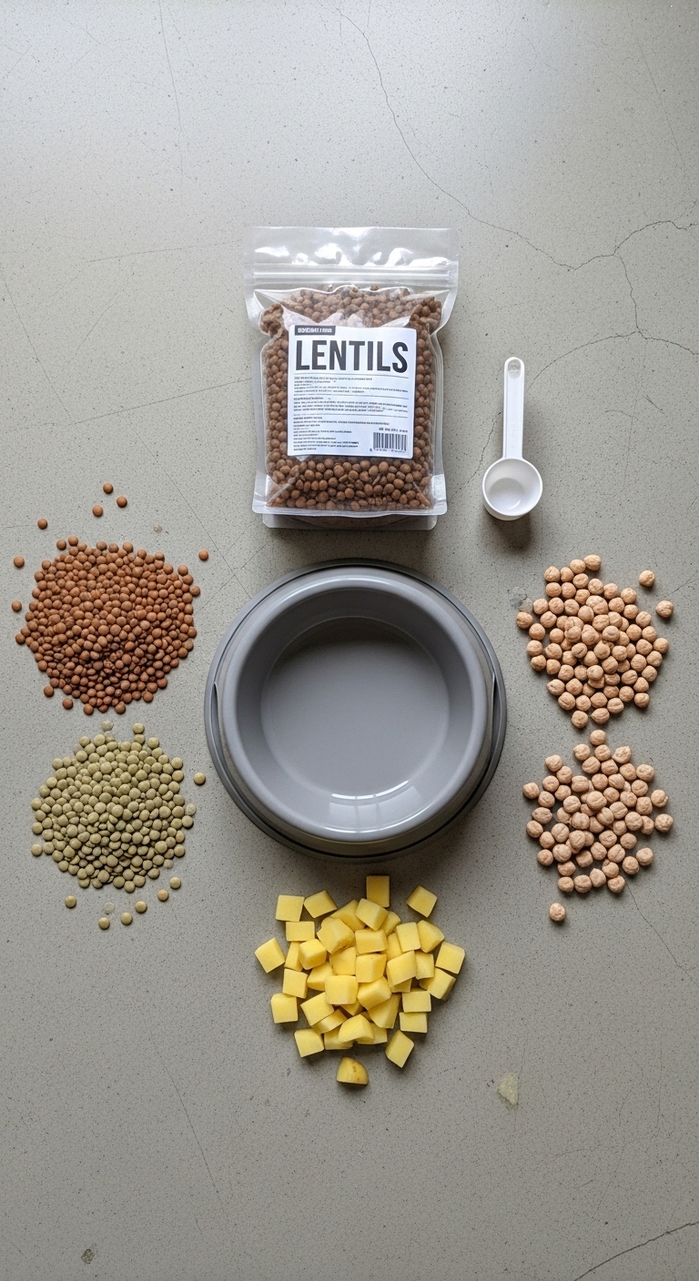 A bag of lentils and a measuring cup.