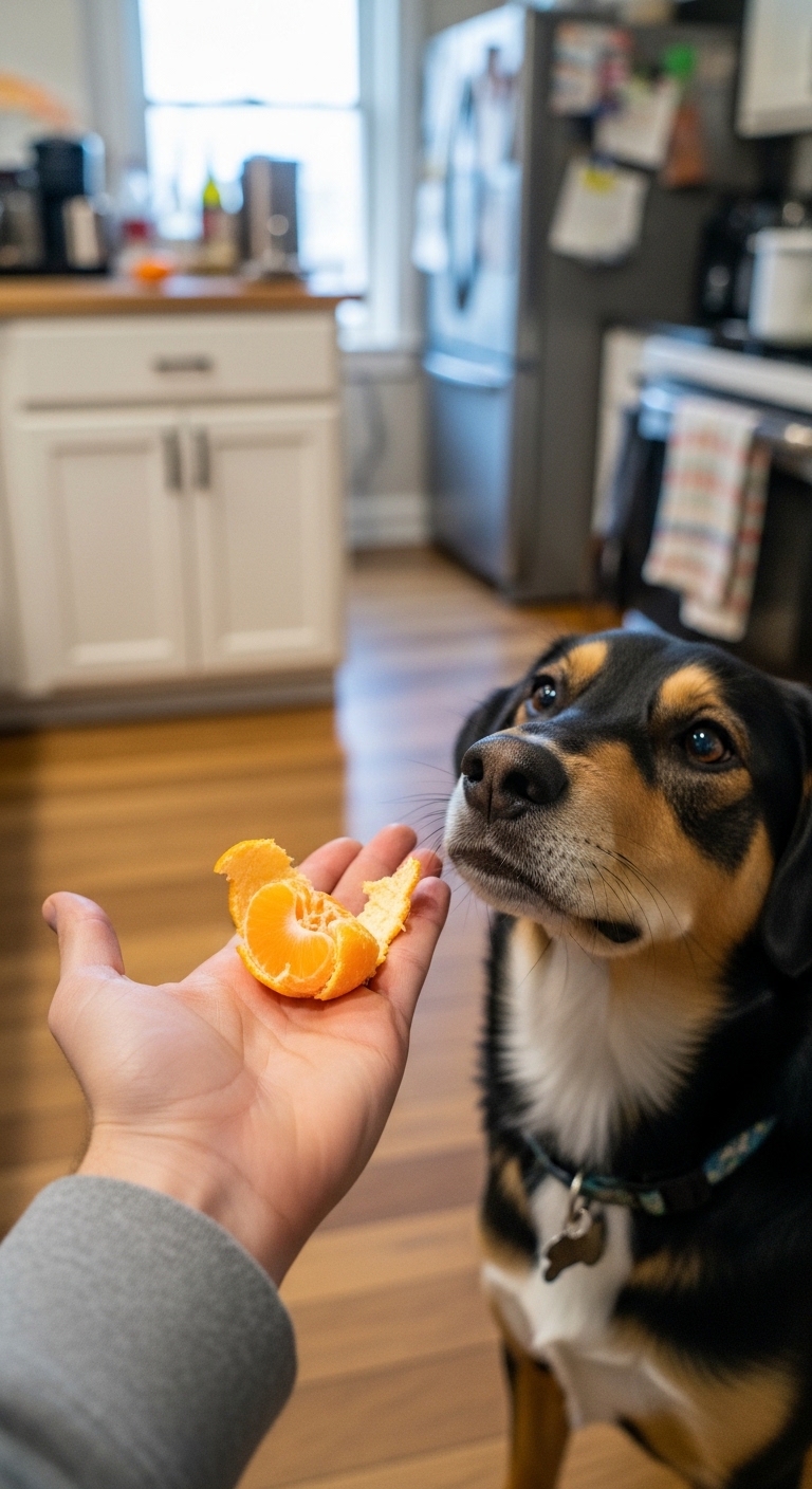 A dog is sniffing an orange slice.