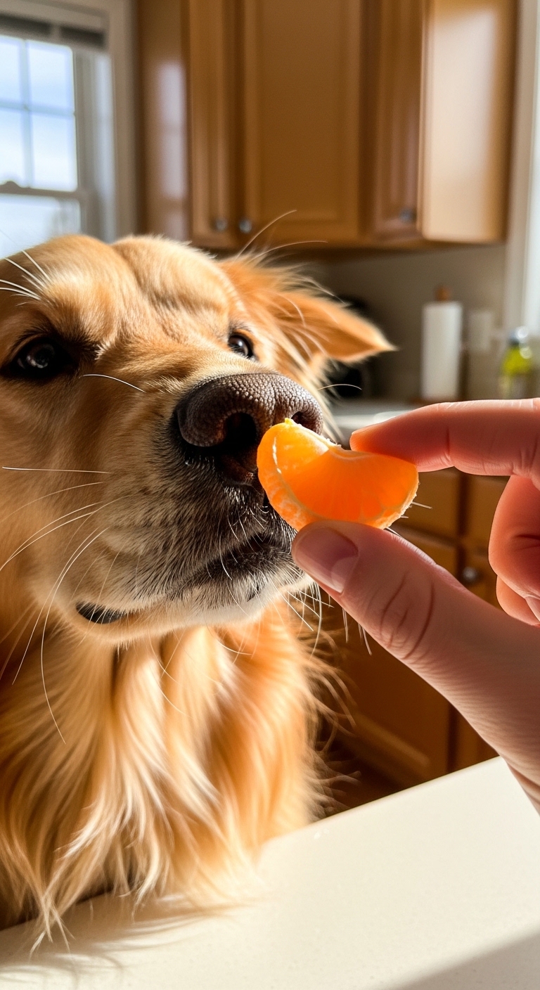 A dog eating an orange.