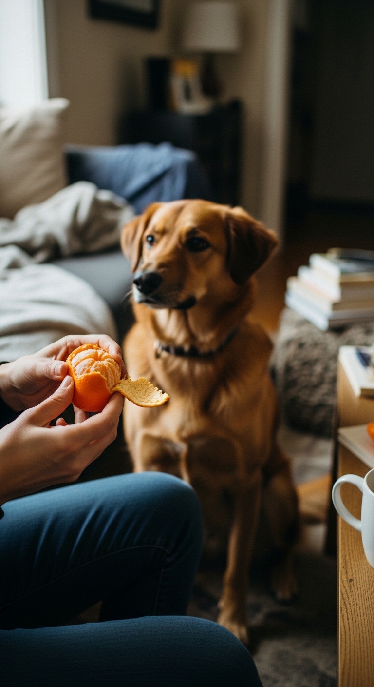 A person is feeding an orange to a dog.