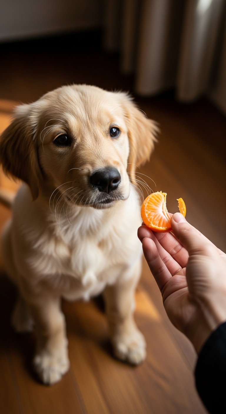 A dog eating an orange.