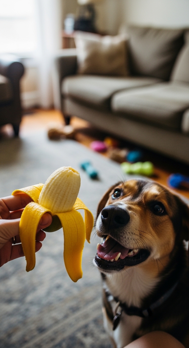 A dog is eating a banana.