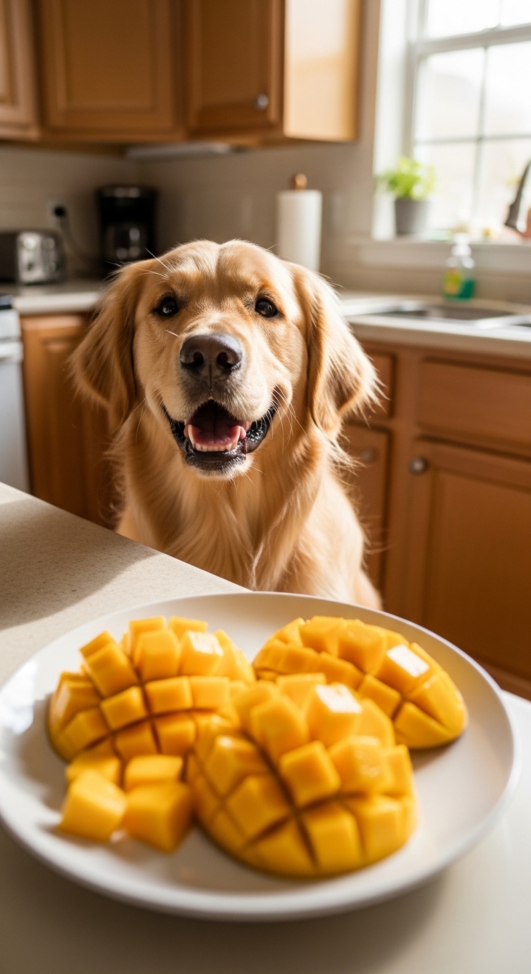 A dog is sitting on a counter next to a plate of mango.