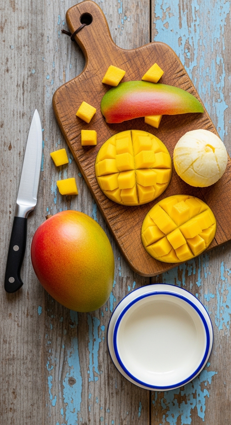 A knife and a mango on a cutting board.