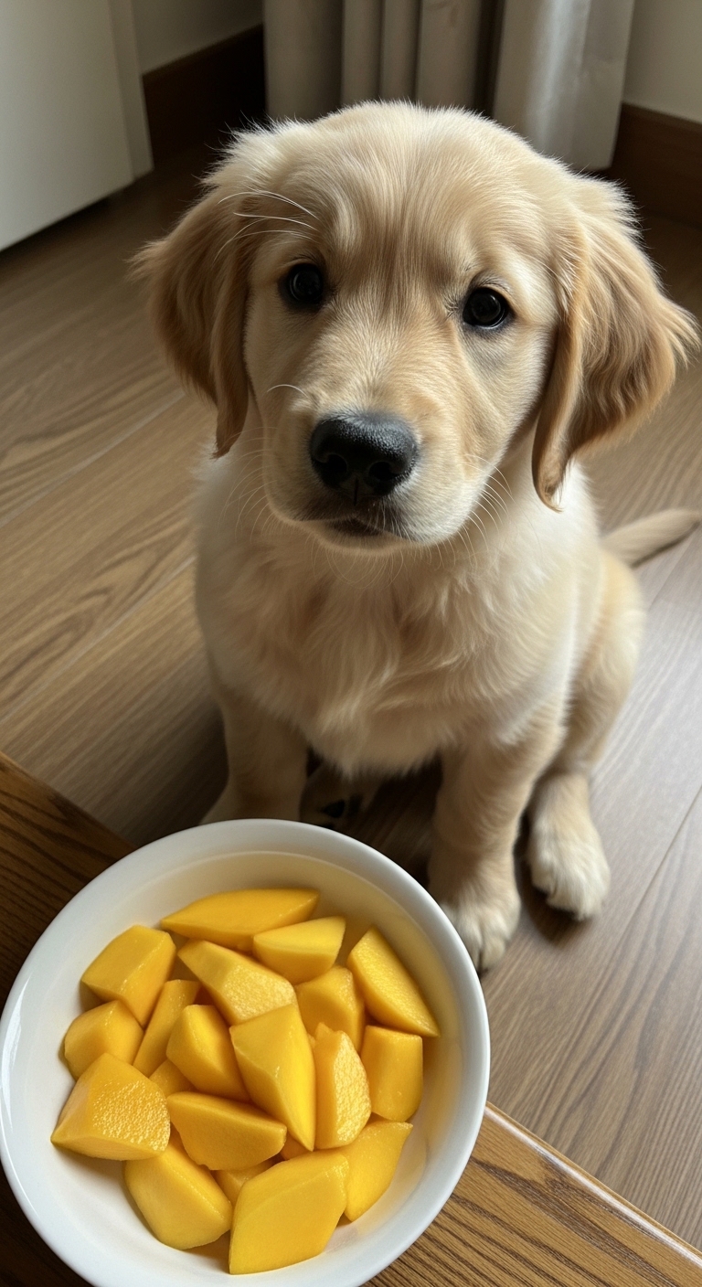 A dog is sitting next to a bowl of mangoes.