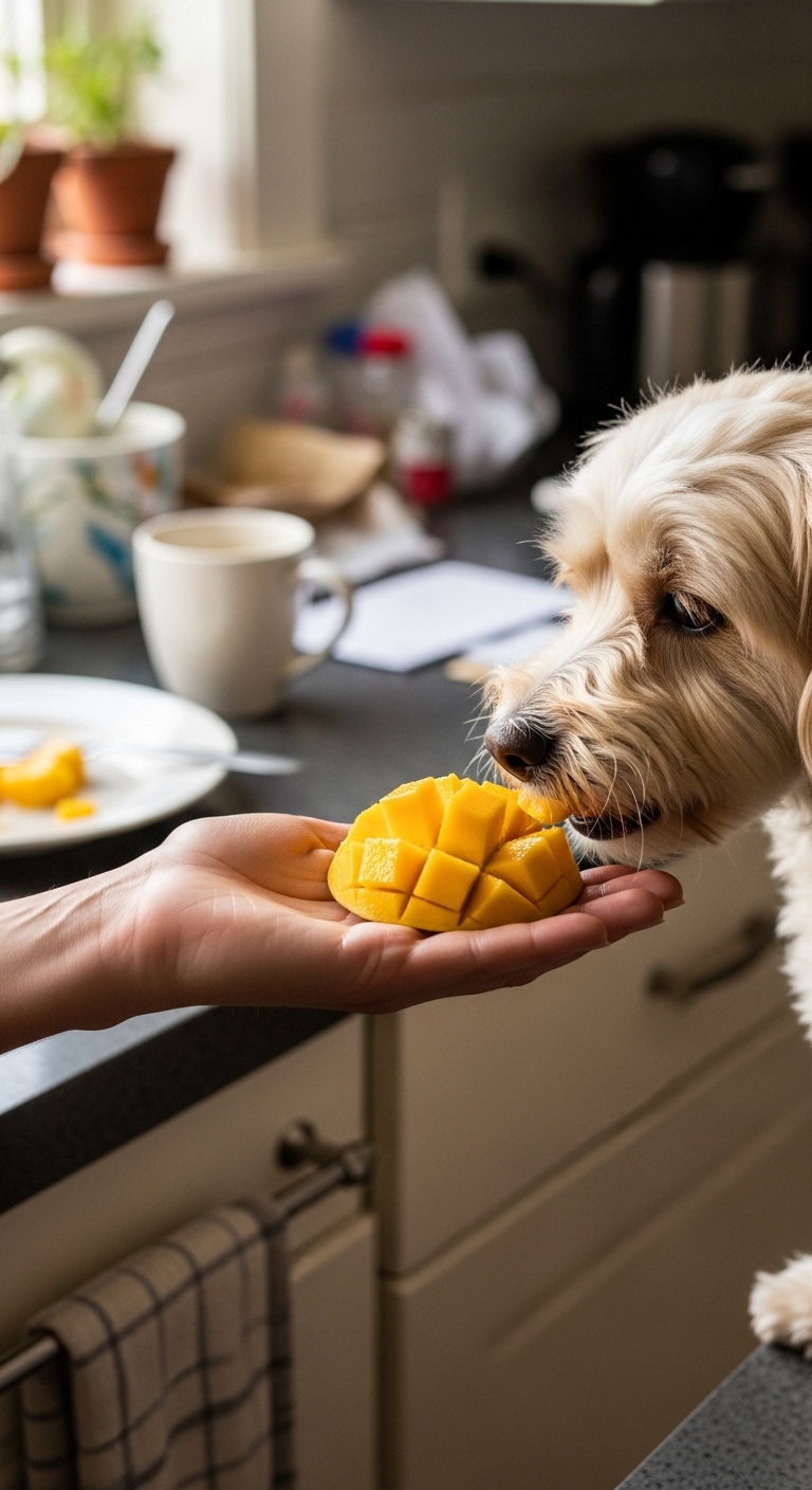 A dog eating a mango.