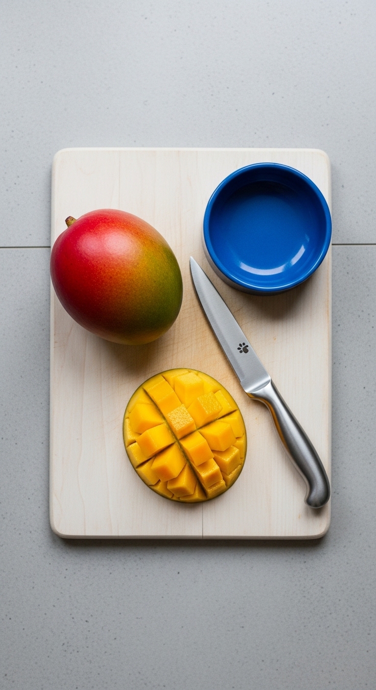 A knife and a blue bowl with a mango slice in it.