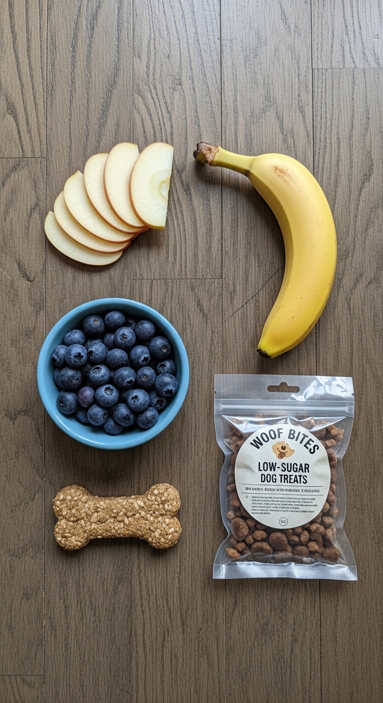 A bowl of blueberries, a banana, a dog biscuit, and a bag of dog treats.