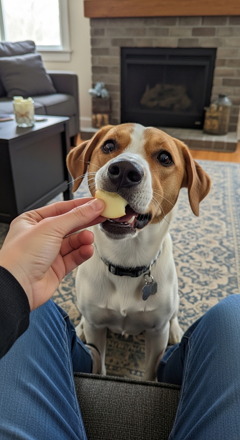 A dog eating a marshmallow.