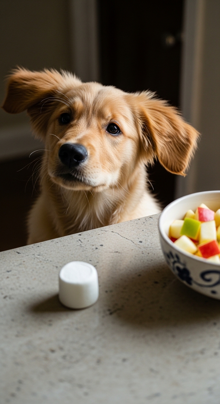 A dog looking at a bowl of fruit.