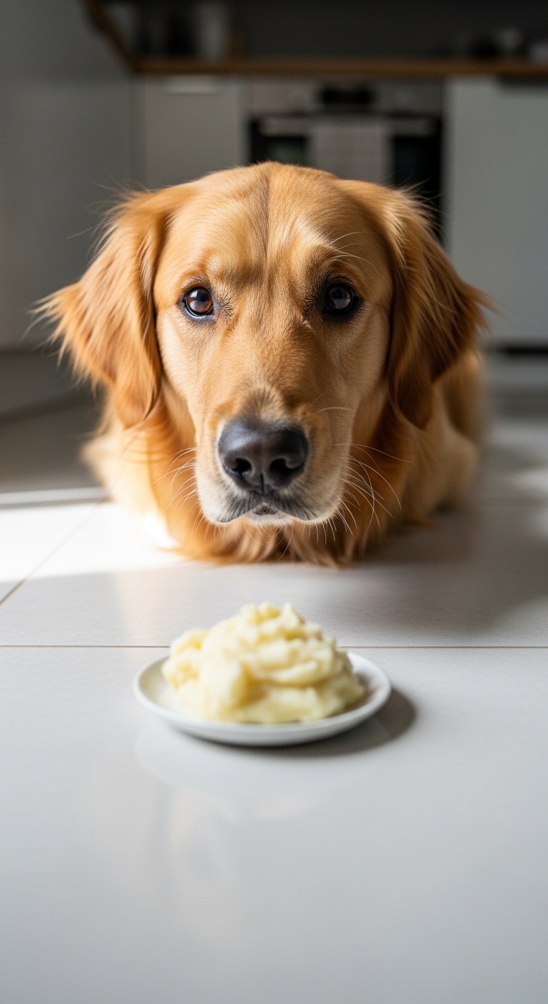 A dog is looking at a plate of mashed potatoes.