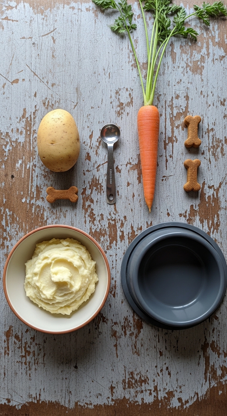 A bowl of mashed potatoes and a carrot on a table.