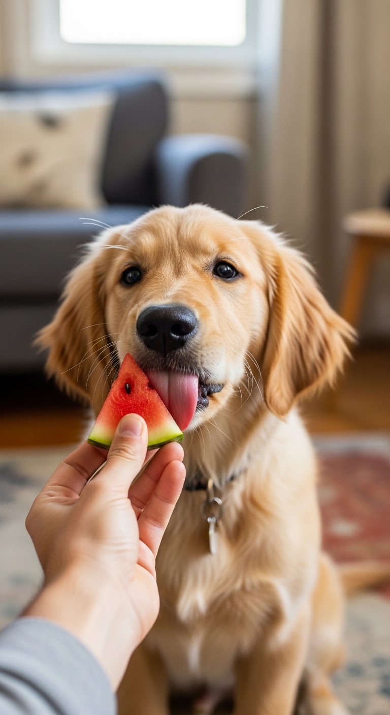 A dog eating a watermelon slice.