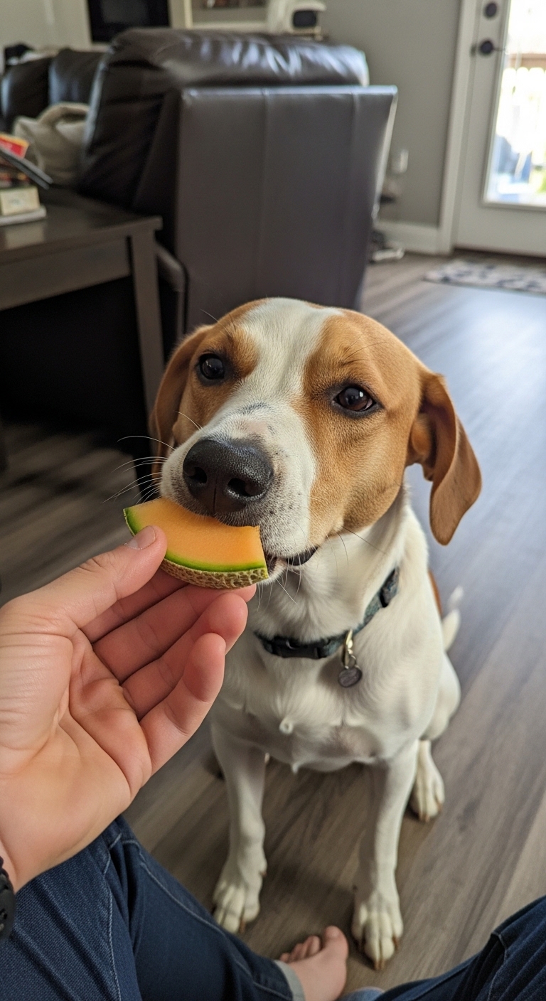A dog eating a melon.