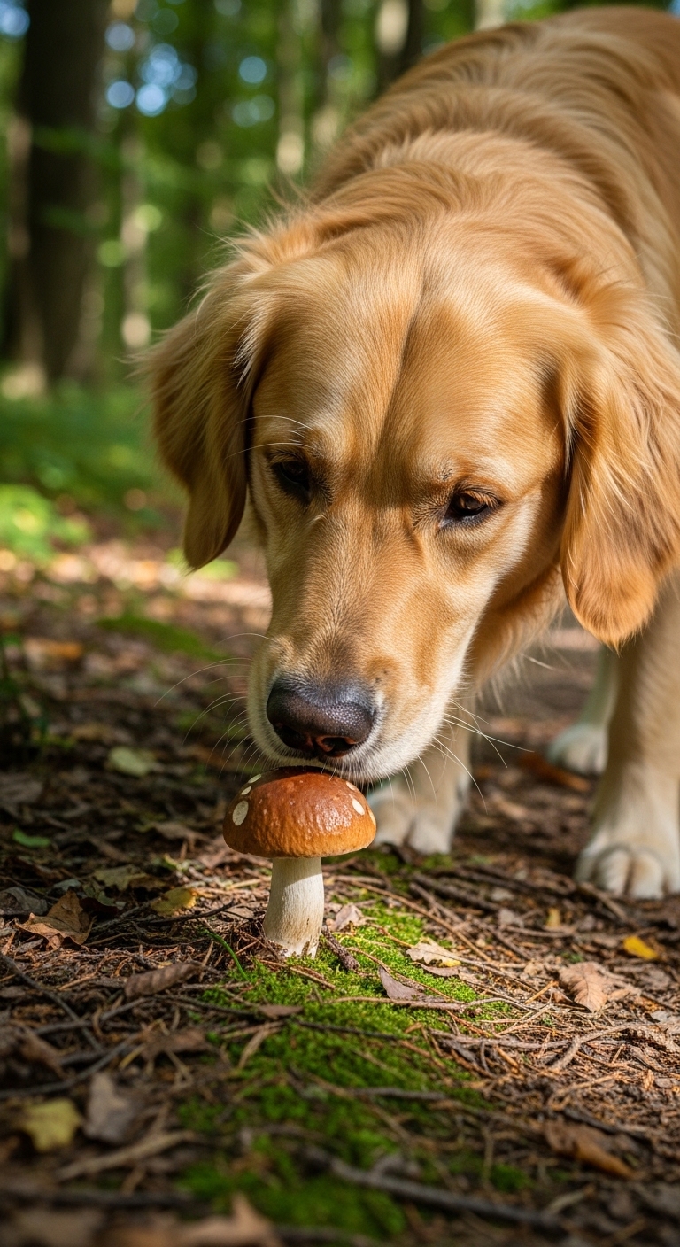 A dog sniffs a mushroom in the woods.