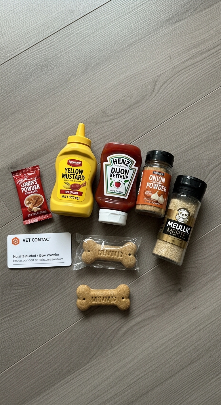 A variety of condiments and food items are displayed on a table, including mustard, ketchup, onion powder, and a dog biscuit.