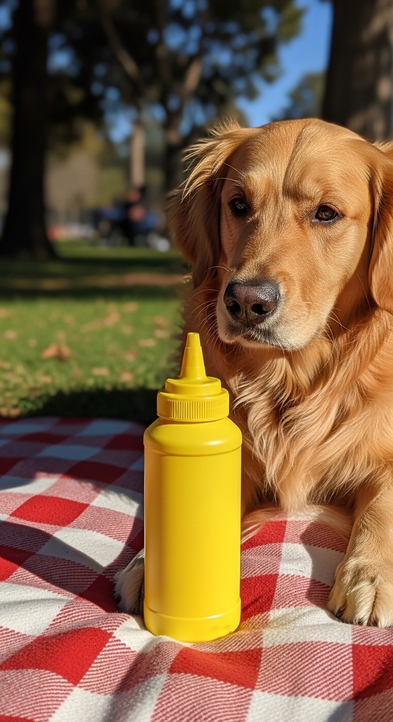 A dog is laying on a blanket next to a mustard bottle.