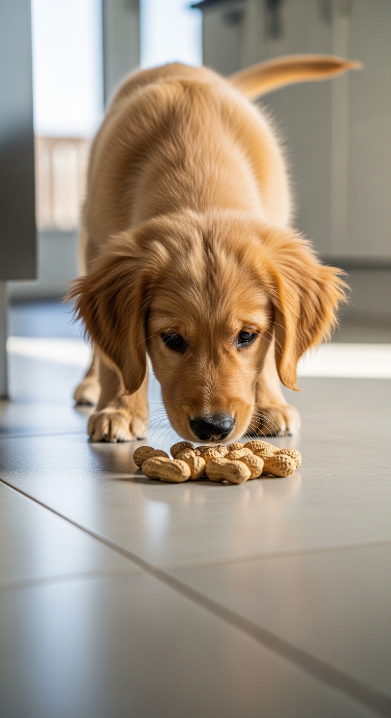 A dog eating nuts on the floor.