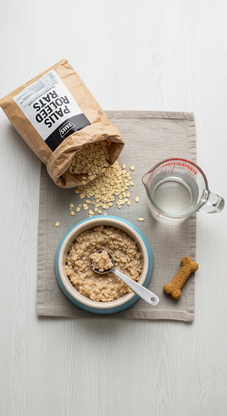 A bowl of oats with a spoon and a dog biscuit.