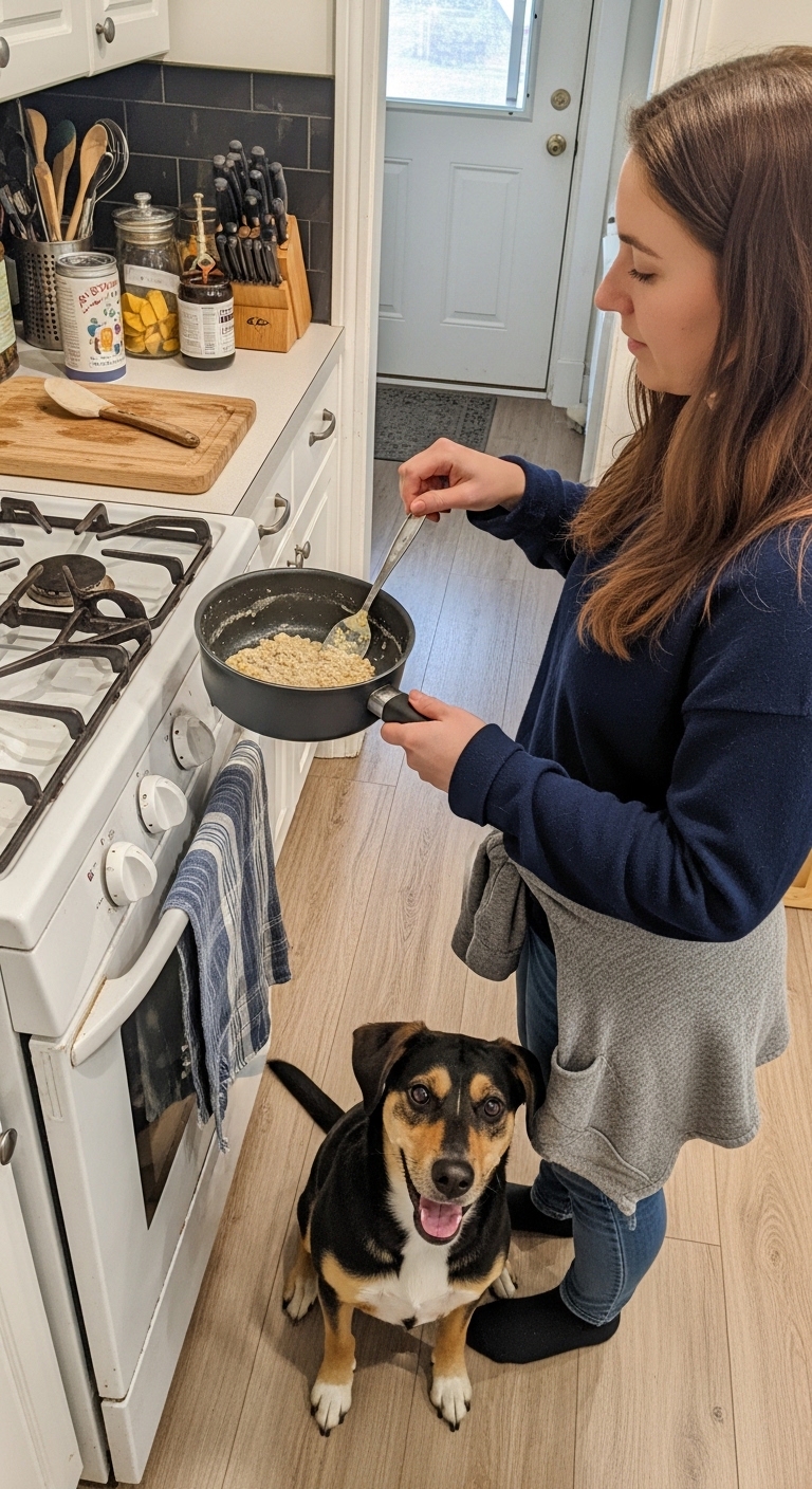 A woman cooking with her dog looking on.