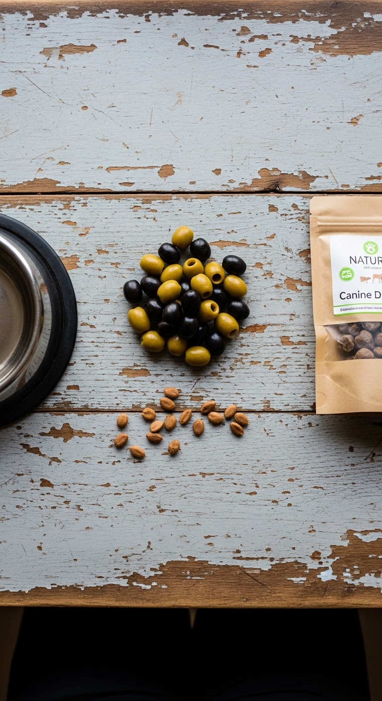 A bag of olives is on a table next to a bowl of olives.