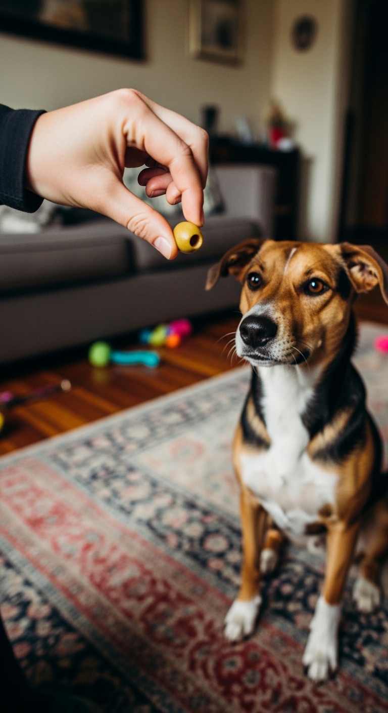 A dog is being fed an olive.