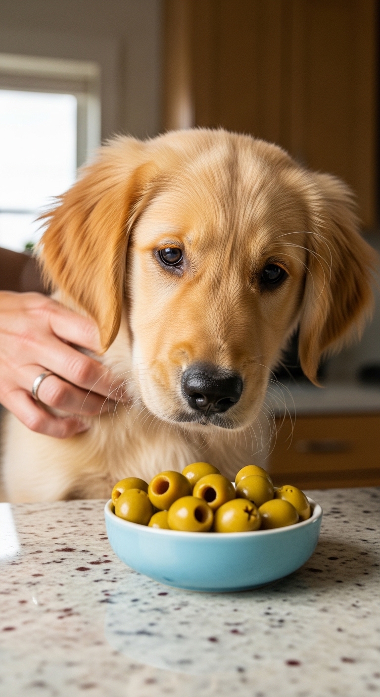 A dog eating olives.