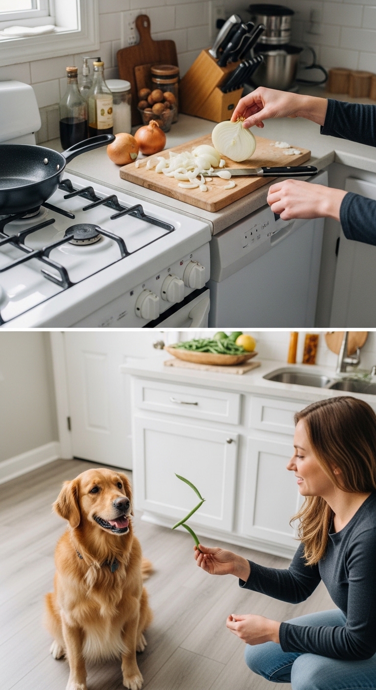 A woman is cutting onions in a kitchen while a dog looks on.