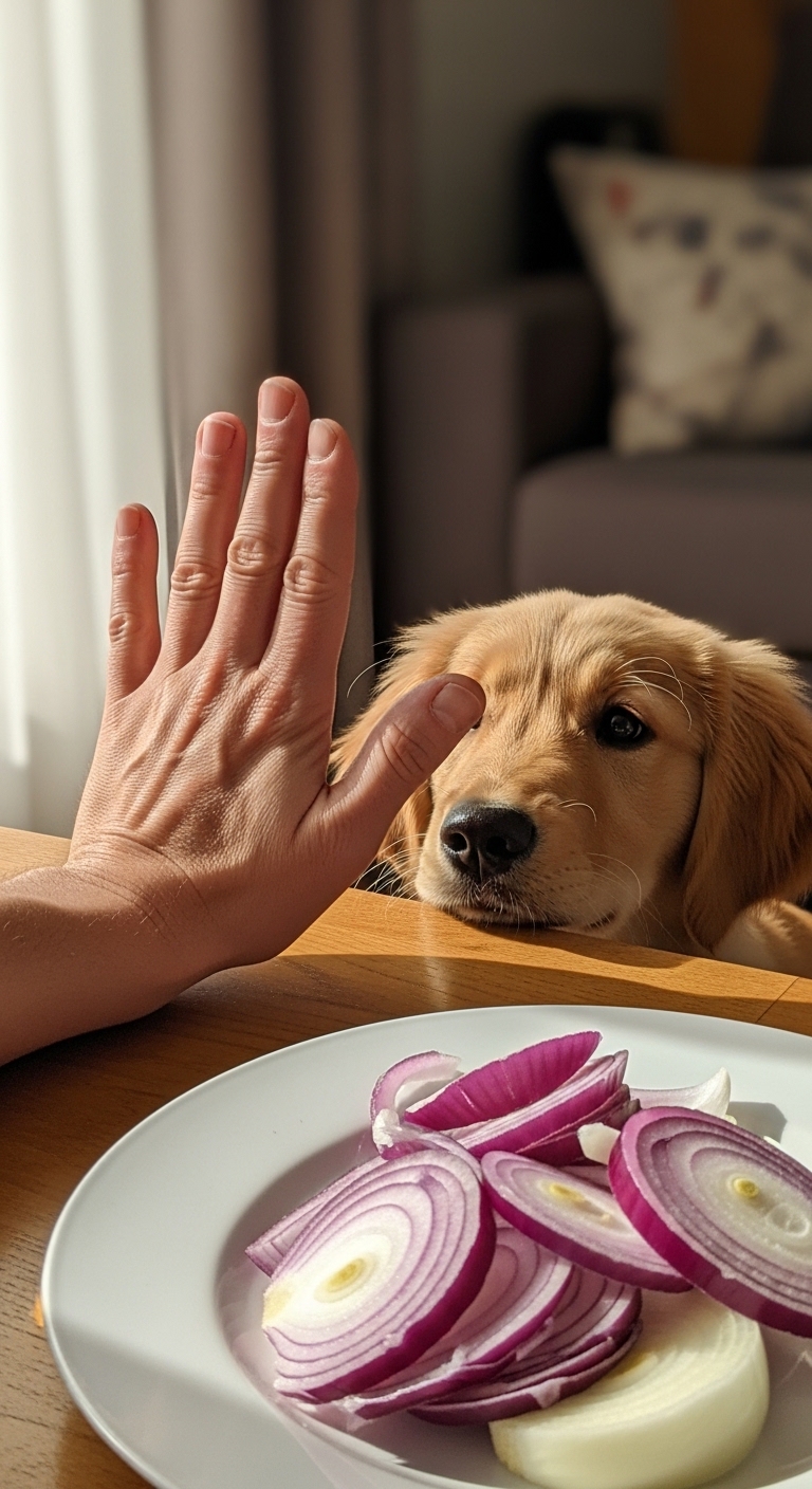 A dog looking at a plate of food with onions on it.