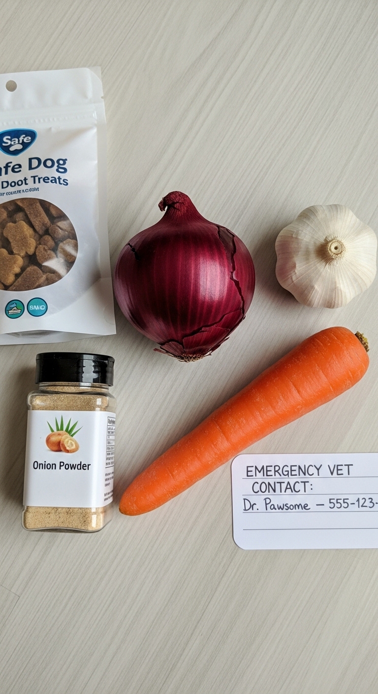A carrot, onion, and garlic are on a table.