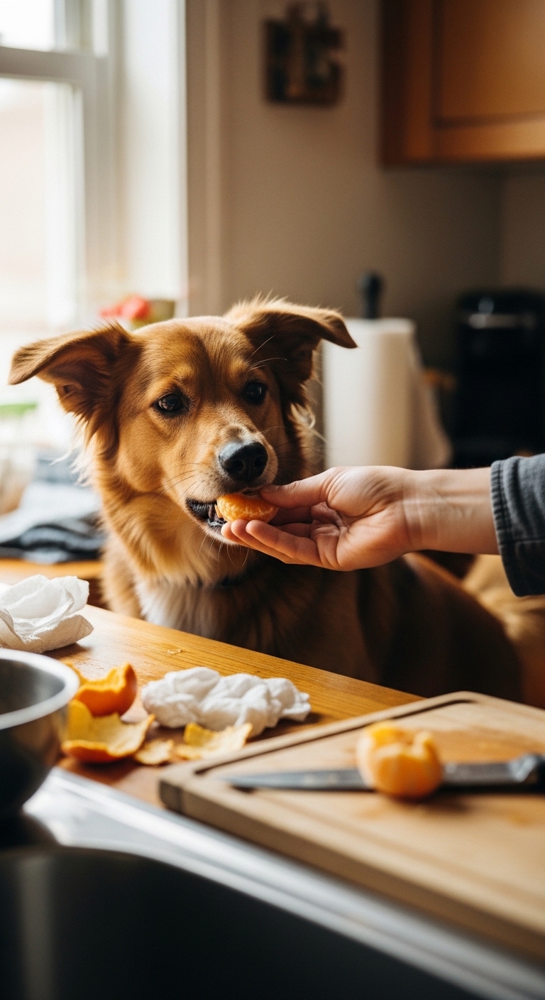 A dog is eating an orange.