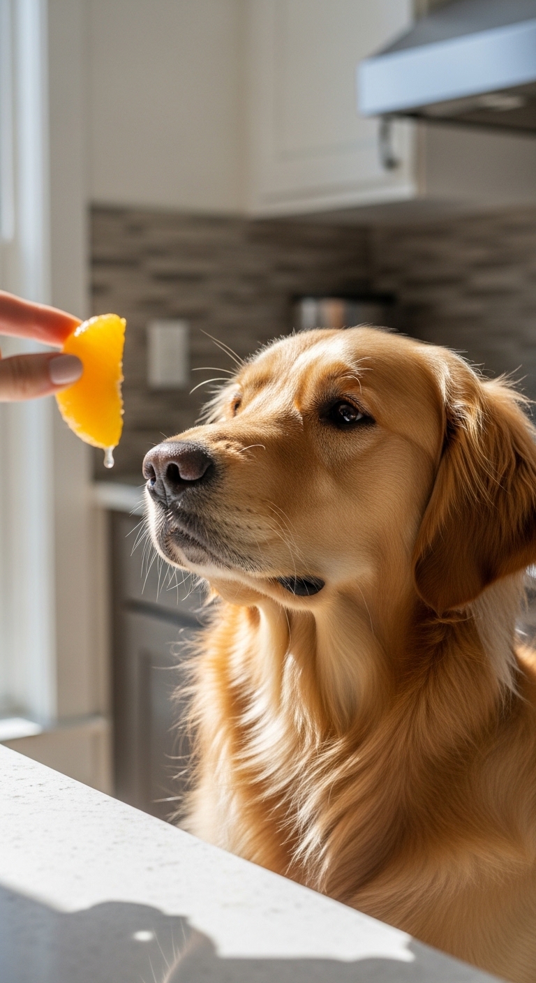 A dog eating an orange.