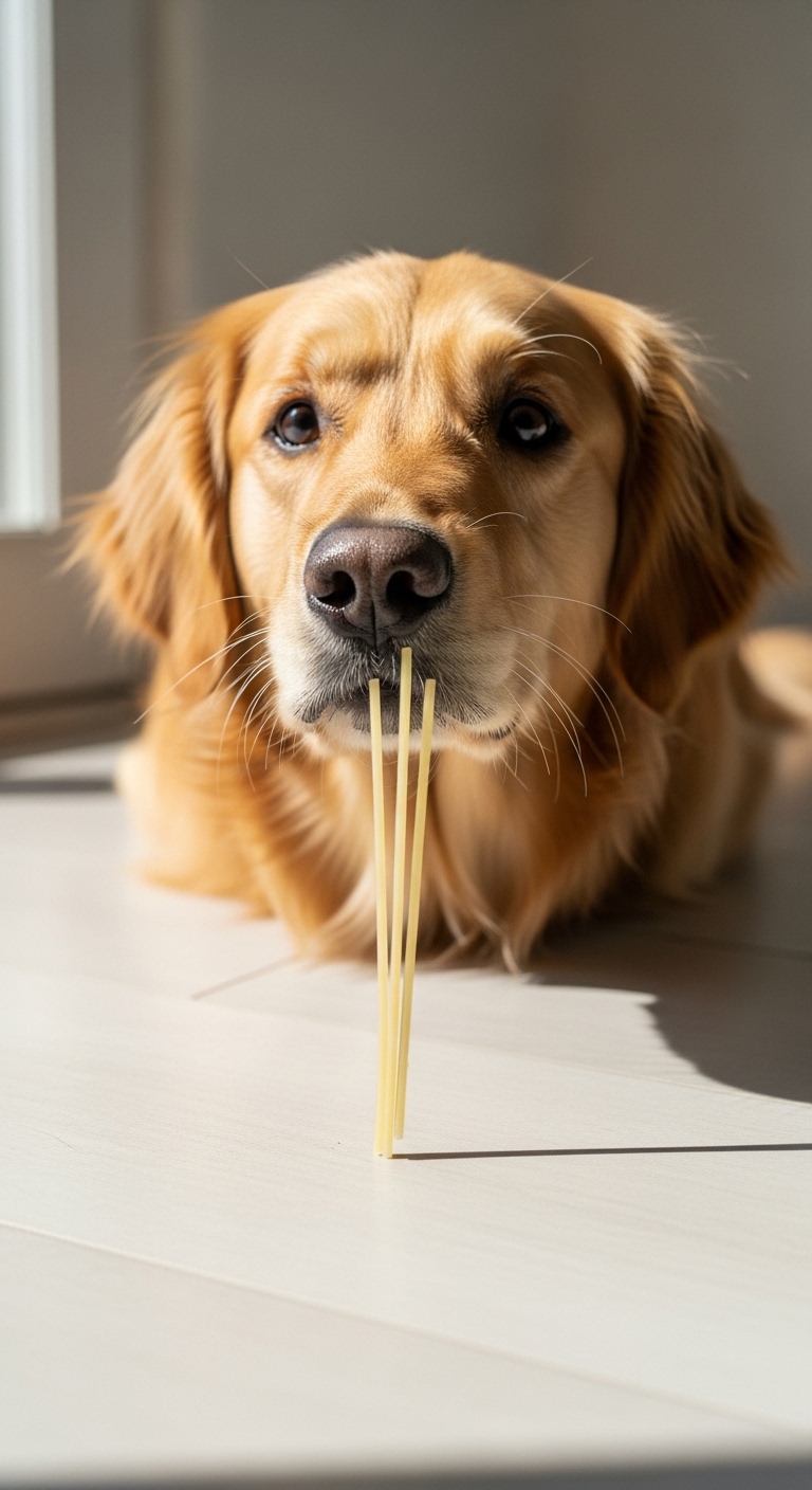A dog with a piece of spaghetti in its mouth.