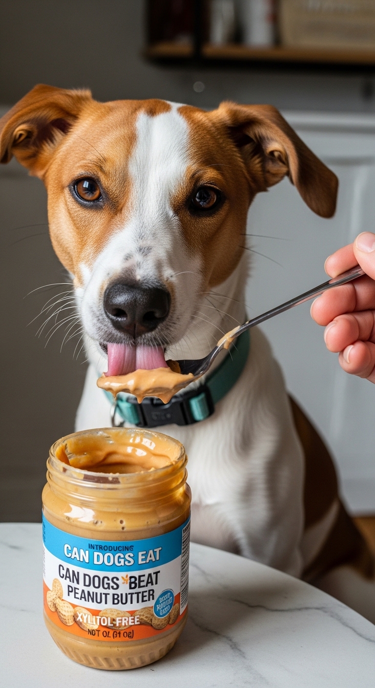 A dog eating peanut butter from a jar.
