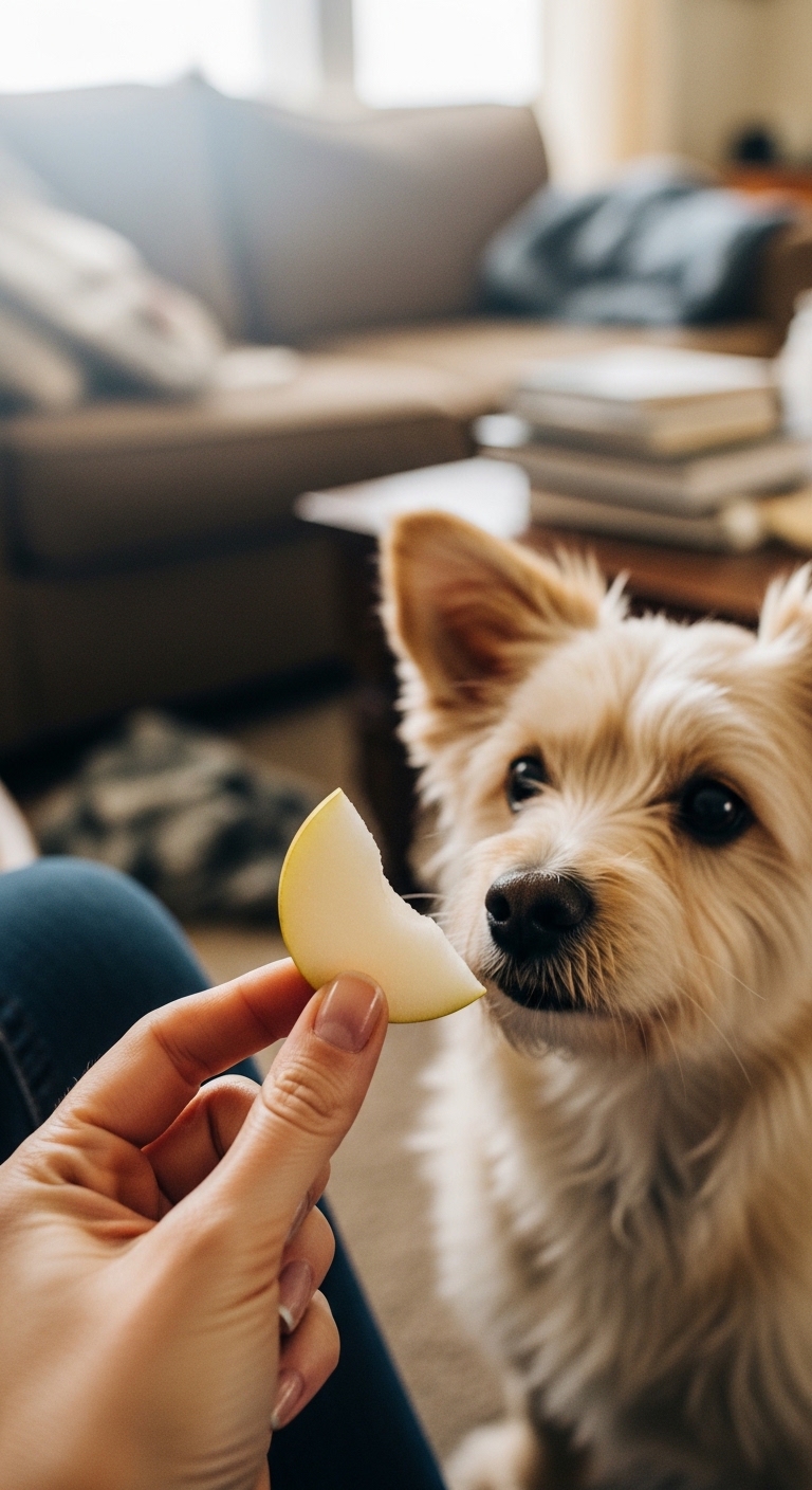 A dog eating a pear.