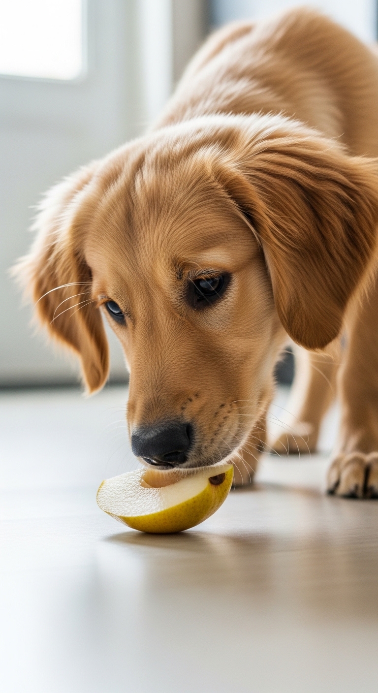 A dog eating a pear.