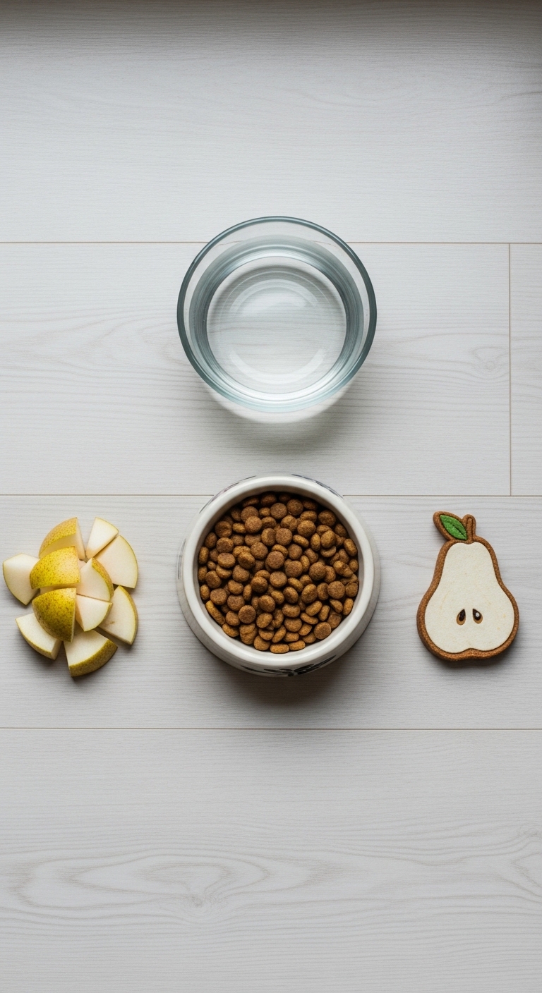 A bowl of dog food and a glass of water.
