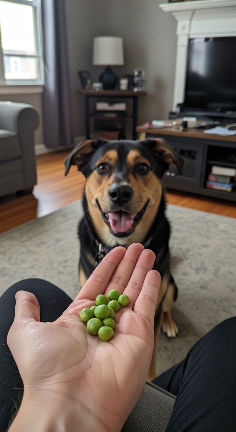 A dog is smiling and looking at a person holding peas.