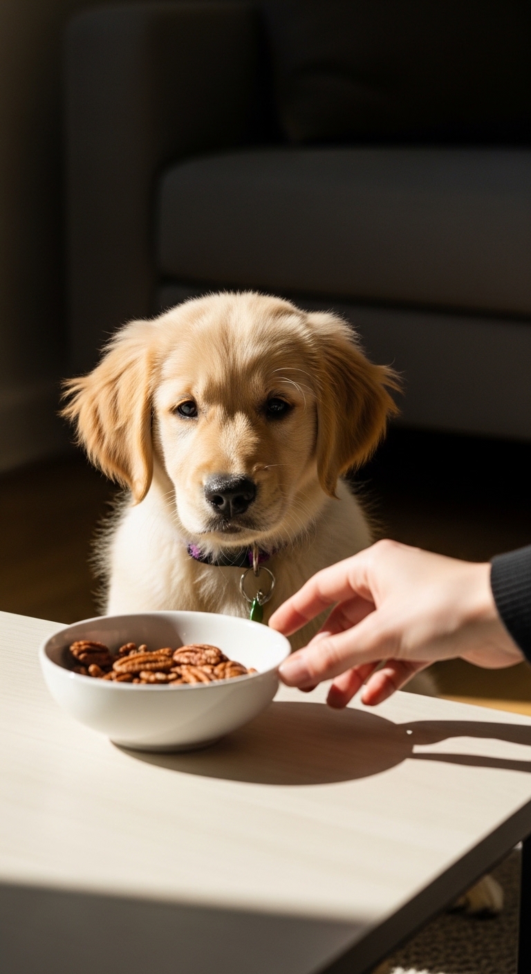 A dog is eating pecans from a bowl.