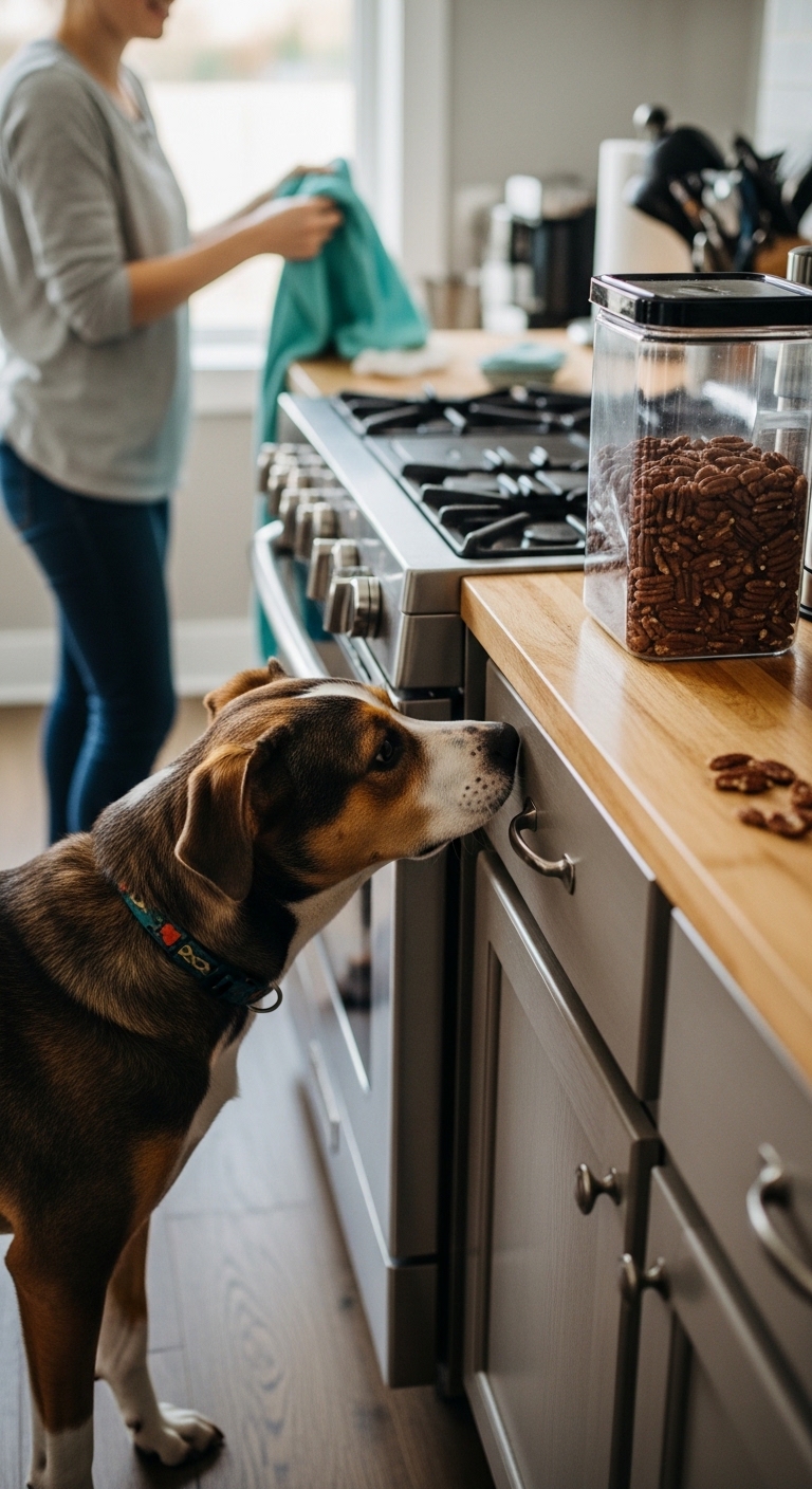 A dog sniffs a container of pecans.