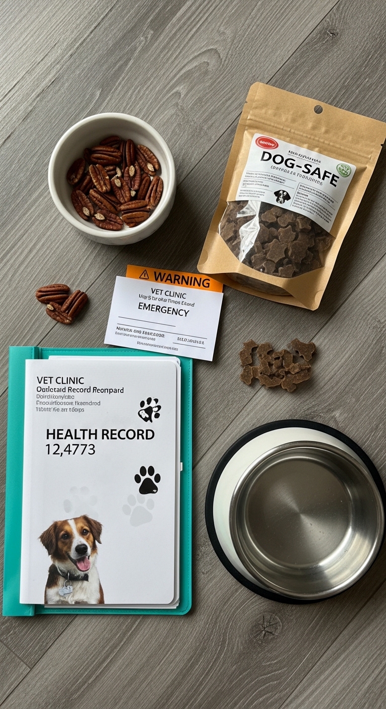 A bowl of pecans and a bag of dog food.