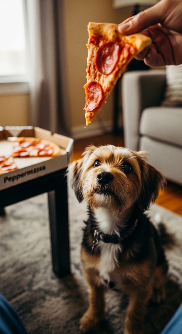 A dog looks at a slice of pepperoni pizza.