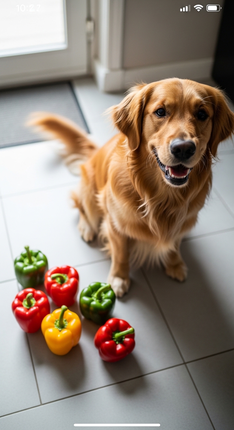 A dog is sitting on the floor next to a group of peppers.