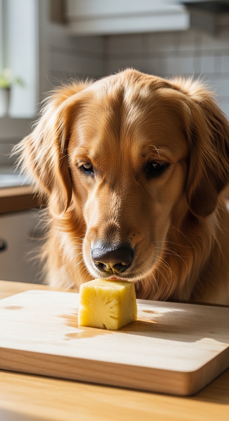 A dog eating pineapple.