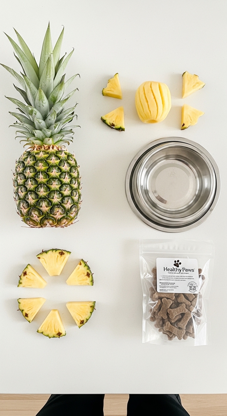 A pineapple and a bowl of dog food.