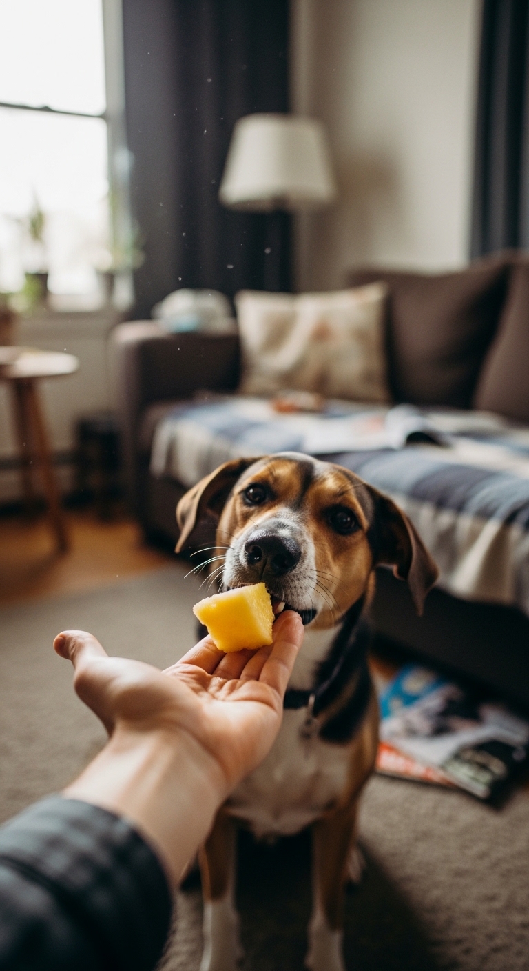 A dog eating a piece of pineapple.