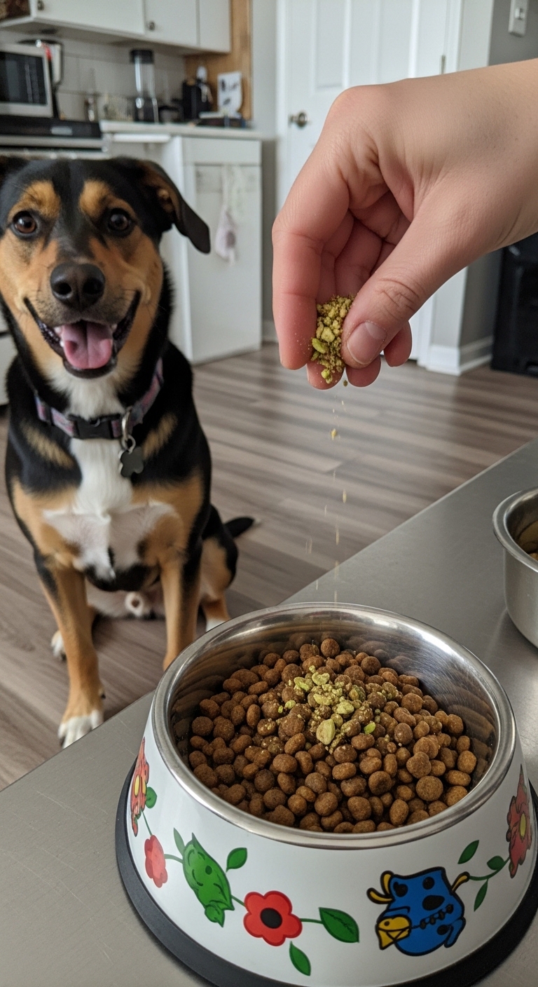 A dog is sitting on the floor while a person feeds it pistachios.