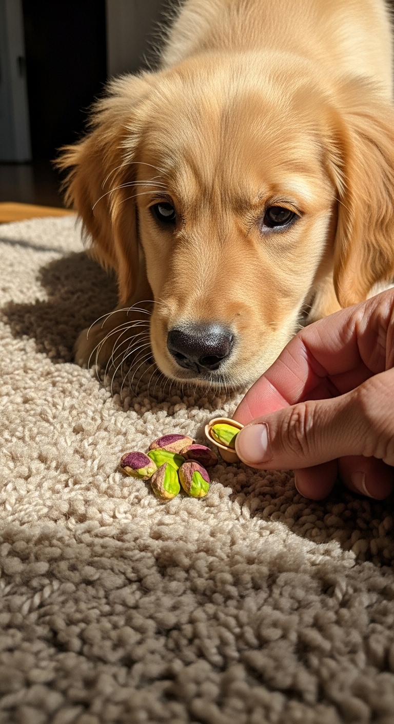 A dog is looking at a pistachio in a hand.